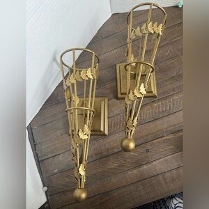 MCM Brass Ornate Wall Sconces with Leaf Design